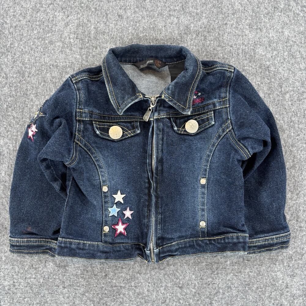 Vintage Rocawear Girls 4T Denim Jacket Dark Wash Y2K Embroidered Stars Zip